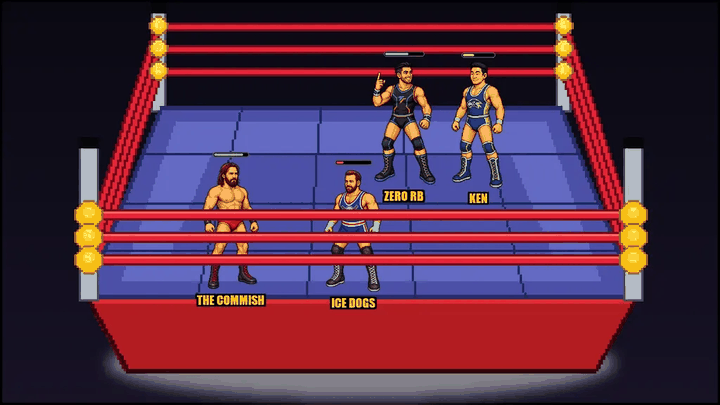 Two pixel-art wrestlers clash in the ring: a clothesline knockdown and a victory pose
