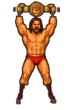 Pixel-art wrestling champion raising the championship belt