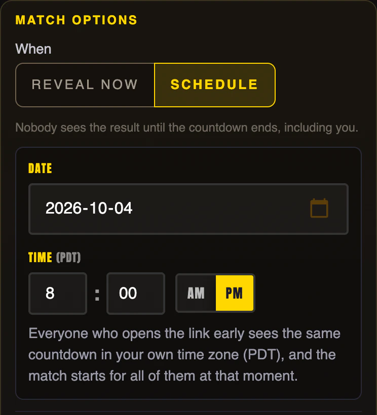 Match options with Schedule picked: Sunday at 8:00 PM, and the note that everyone sees the same countdown